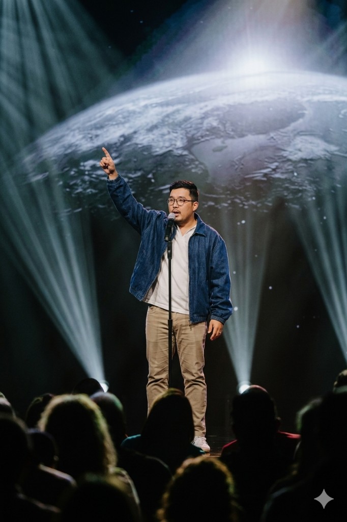 Speaking on stage with Earth from space backdrop